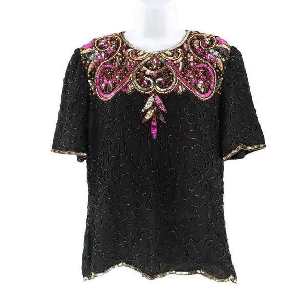 Denise Ellie Tops - Vintage Black Beaded & Sequin Top with Pink and Gold Detailing | Size Medium
